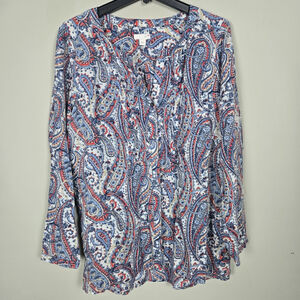 J Jill Womens Paisley Artsy Button Up Top Size L Blue Floral Boho Mature Office